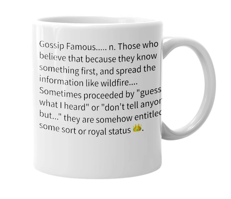 White mug with the definition of 'Gossip famous'