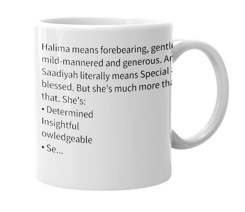 White mug with the definition of 'Halima Saadiyah'