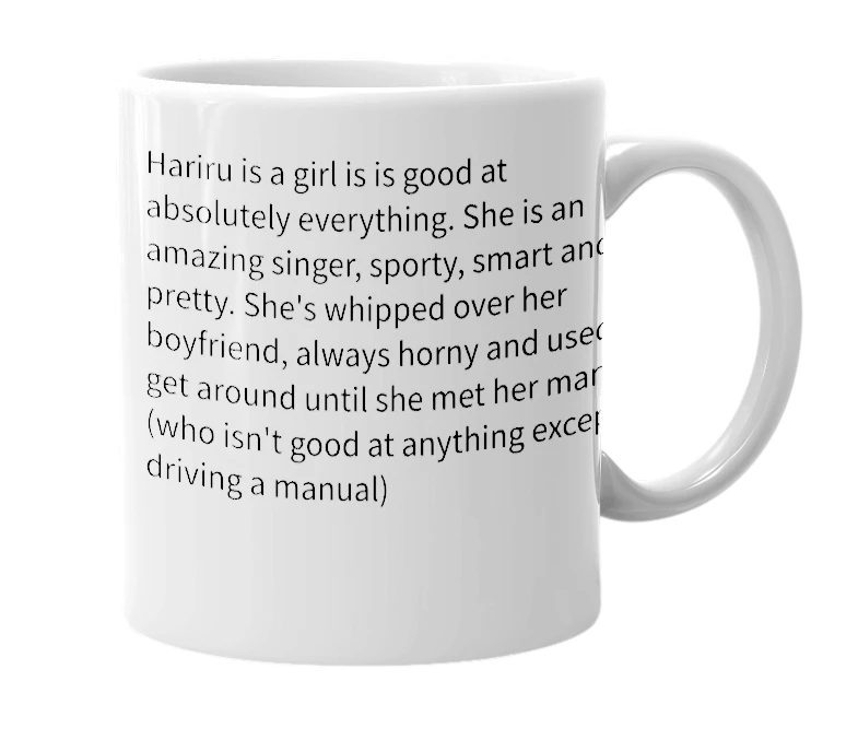 White mug with the definition of 'Hariru'