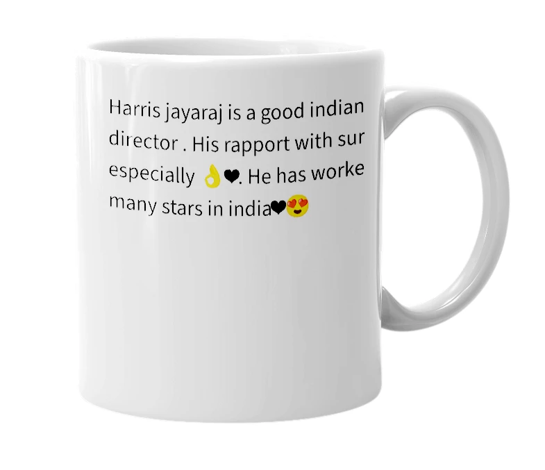 White mug with the definition of 'Harris Jayaraj'
