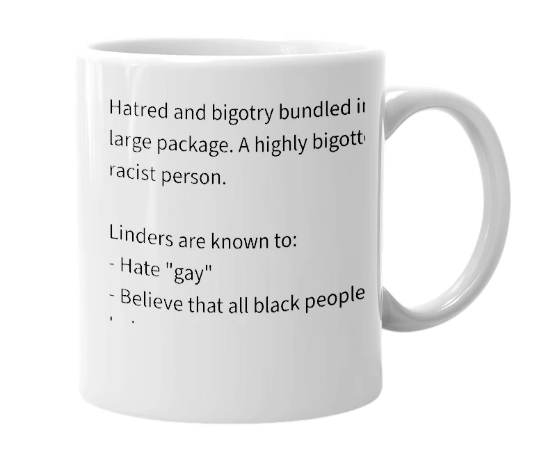 White mug with the definition of 'Linder'