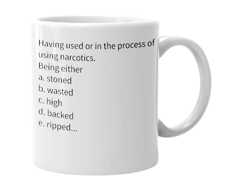 White mug with the definition of 'narced'