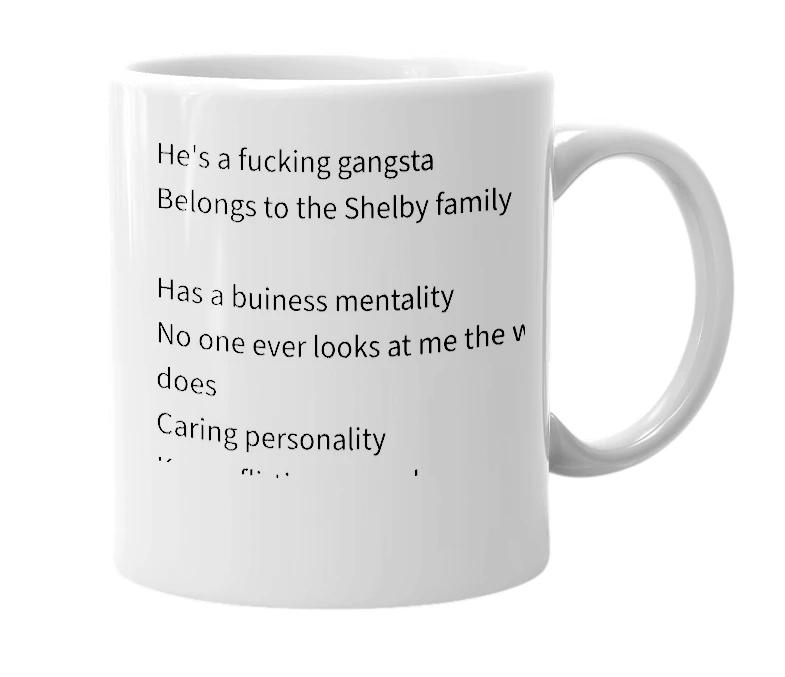 White mug with the definition of 'Pratham Shelby'