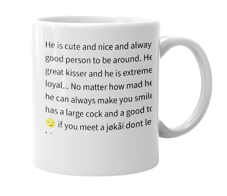 White mug with the definition of 'Jokai'
