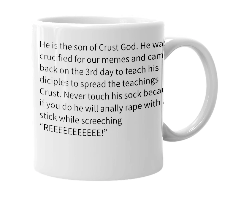 White mug with the definition of 'Jesus Crust'