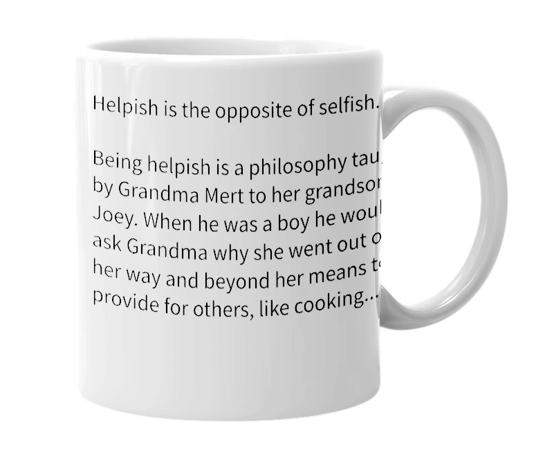 White mug with the definition of 'Helpish'