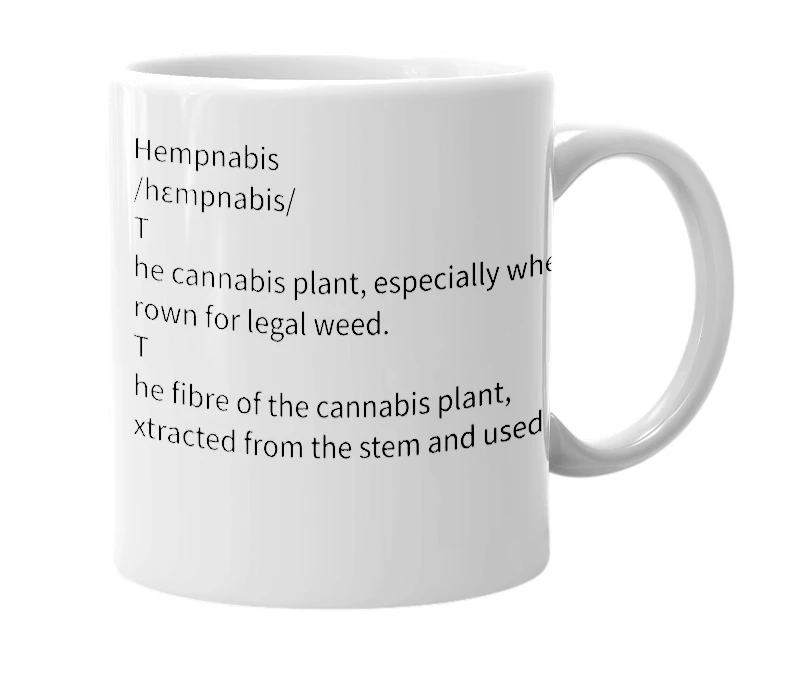 White mug with the definition of 'Hempnabis'
