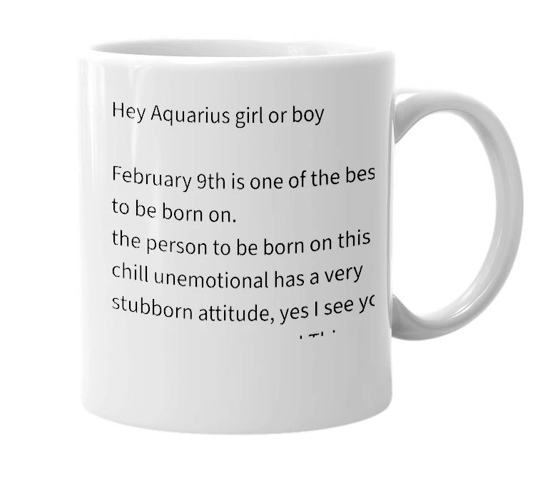 White mug with the definition of 'February 9th'