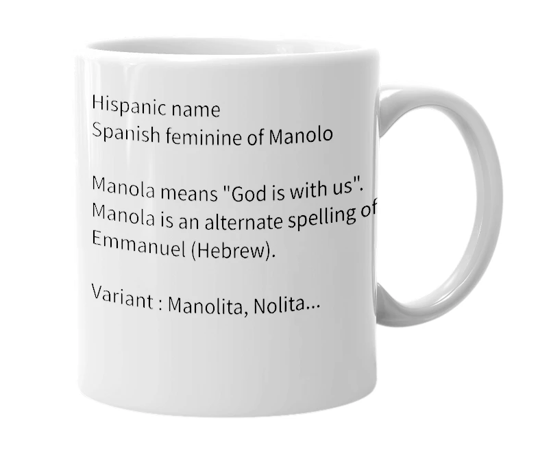White mug with the definition of 'Manola'