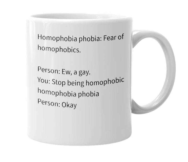 White mug with the definition of 'Homophobiaphobia'