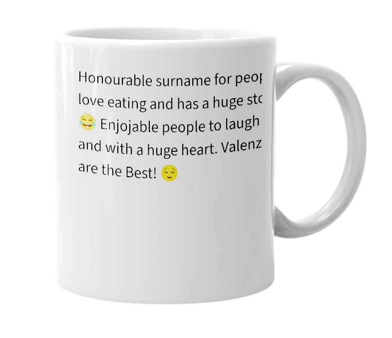 White mug with the definition of 'Valenzuela'