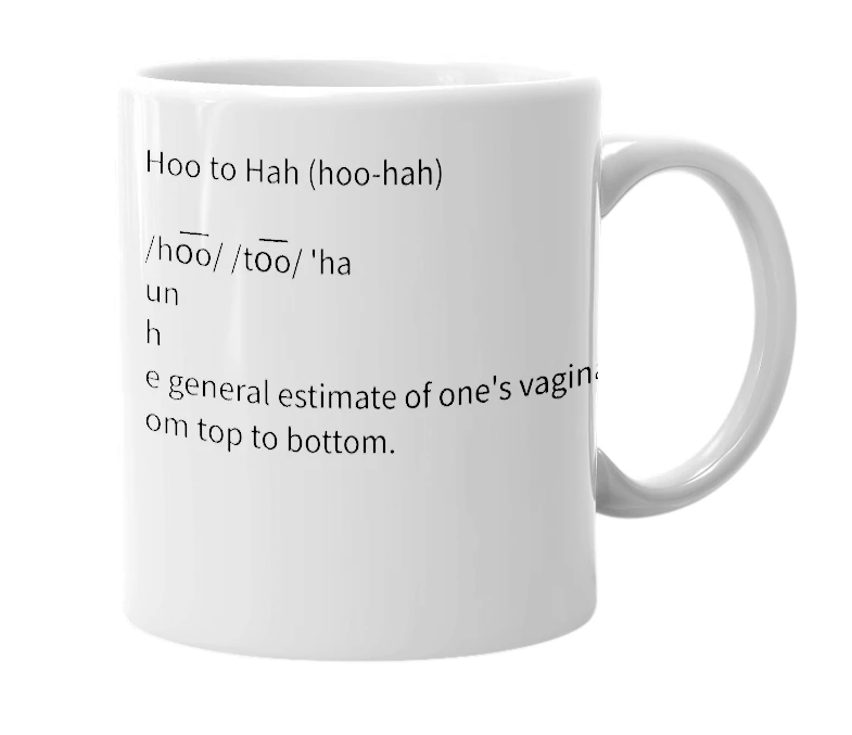 White mug with the definition of 'Hoo to Hah (hoo-hah)'