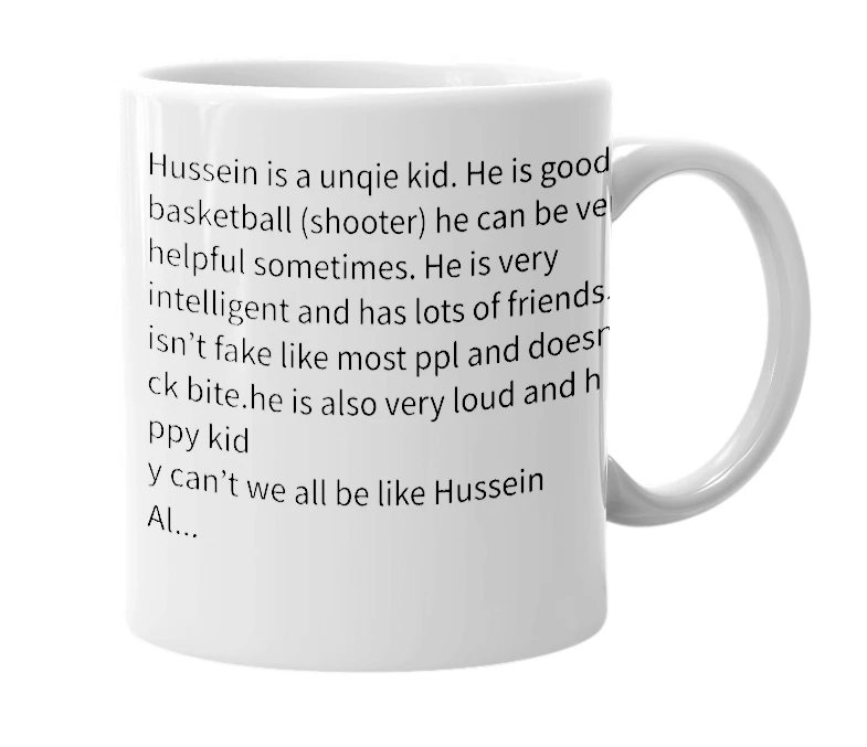 White mug with the definition of 'Hussein'