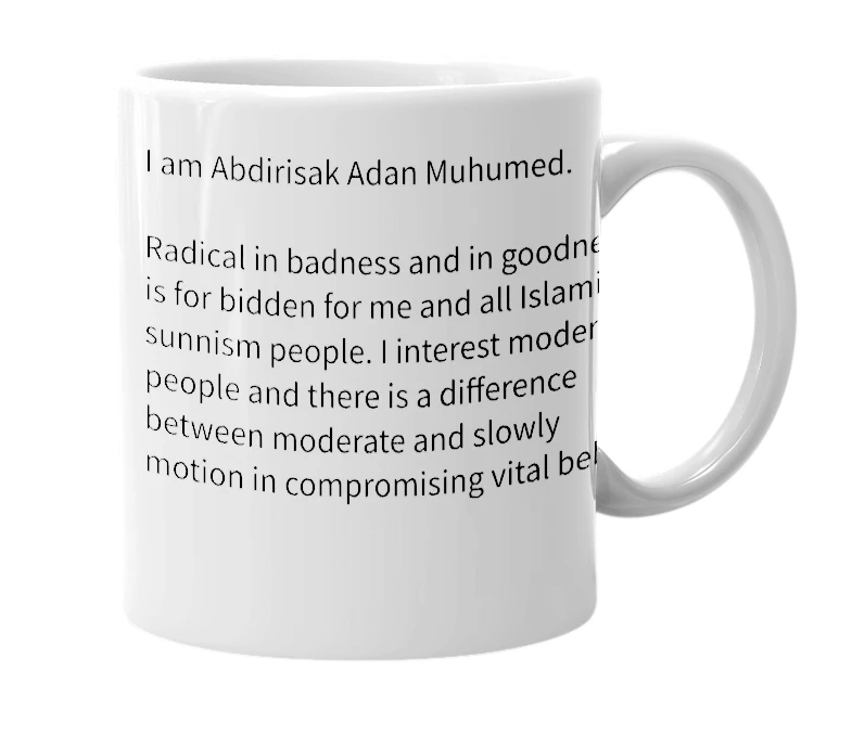 White mug with the definition of 'Abdirisak Adan Muhumed'