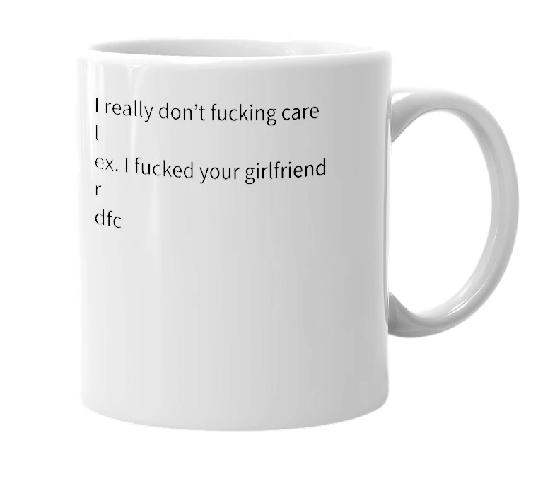 White mug with the definition of 'Irdfc'