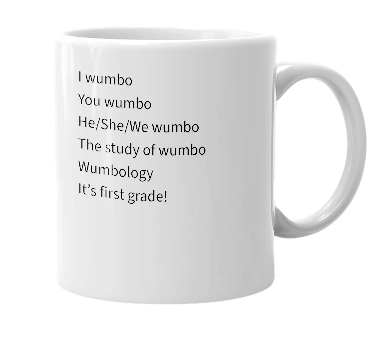White mug with the definition of 'Wumbo'