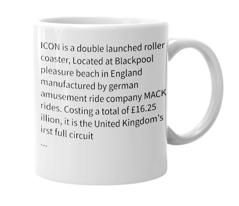 White mug with the definition of 'ICON (Roller coaster)'