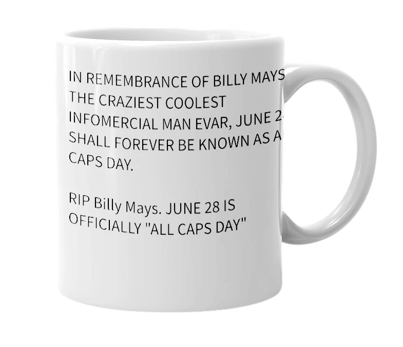 White mug with the definition of 'ALL CAPS DAY'