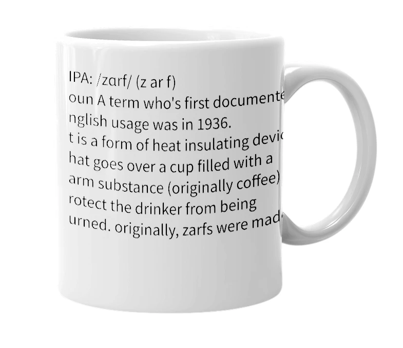 White mug with the definition of 'Zarf'