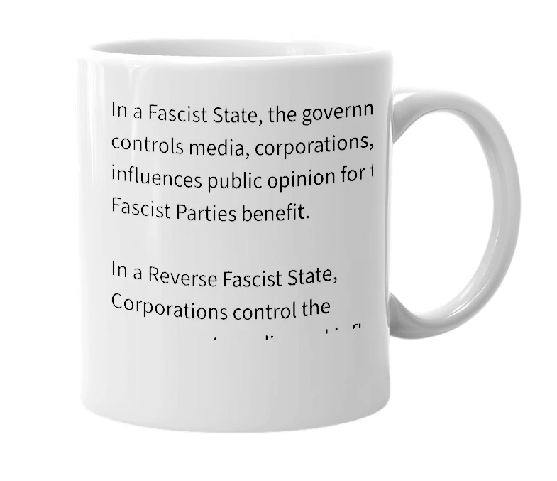 White mug with the definition of 'Reverse Fascism'