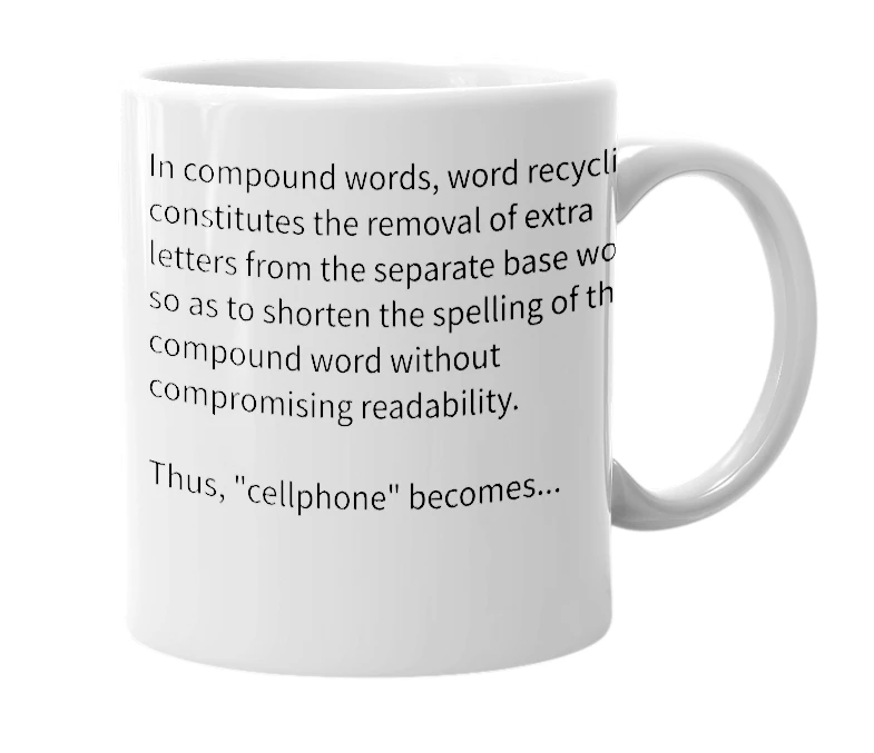 White mug with the definition of 'word recycling'