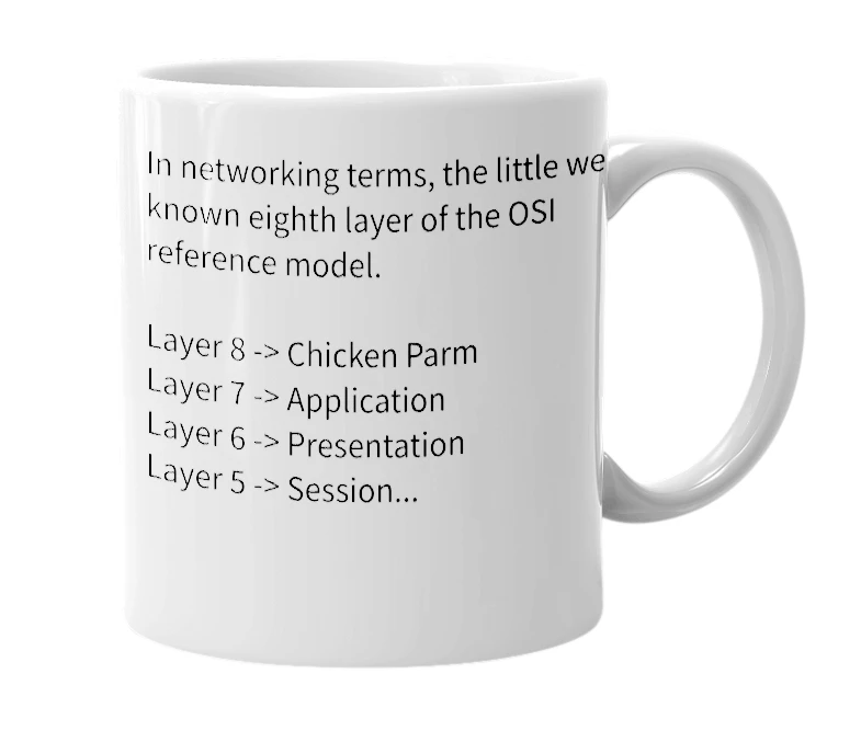White mug with the definition of 'Layer 8 Chicken Parm'