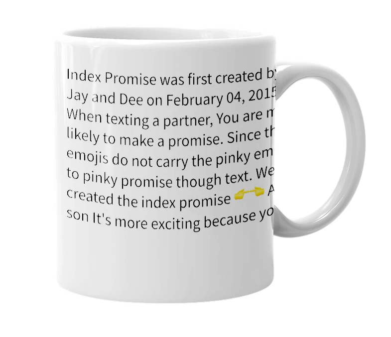 White mug with the definition of 'index promise'