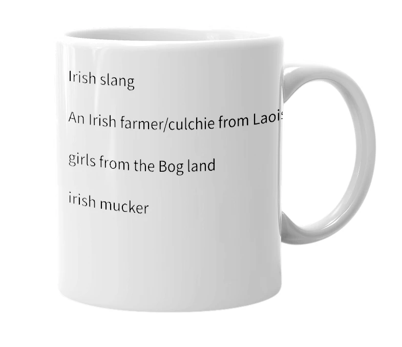 White mug with the definition of 'Mucker from Laois'