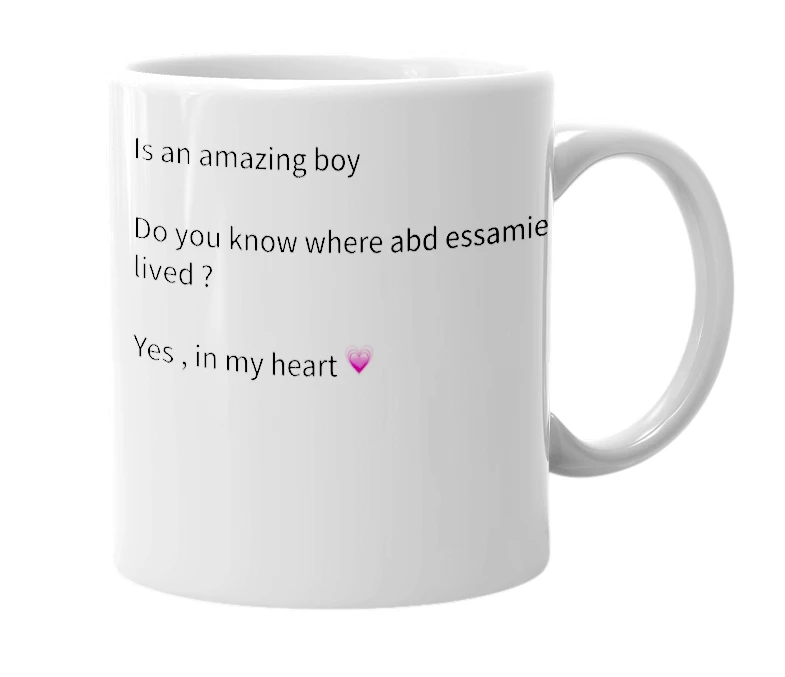 White mug with the definition of 'abd essamie'