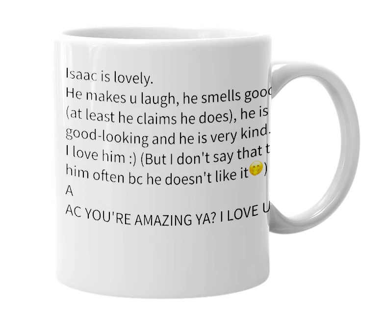White mug with the definition of 'Isaac Hewet'