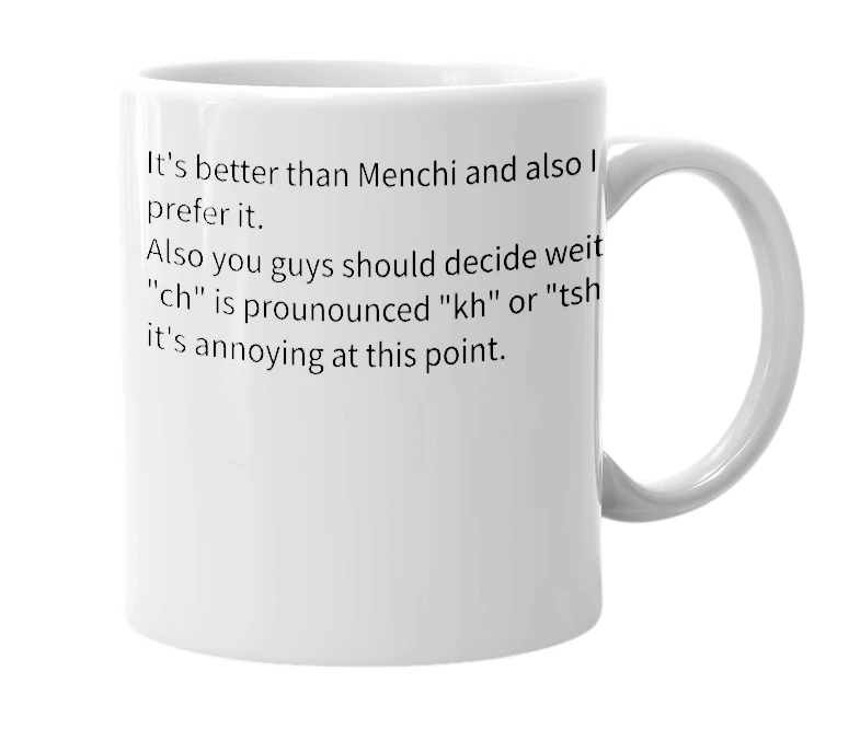 White mug with the definition of 'Menchie'