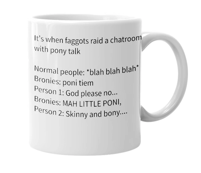 White mug with the definition of 'Poni tiem'