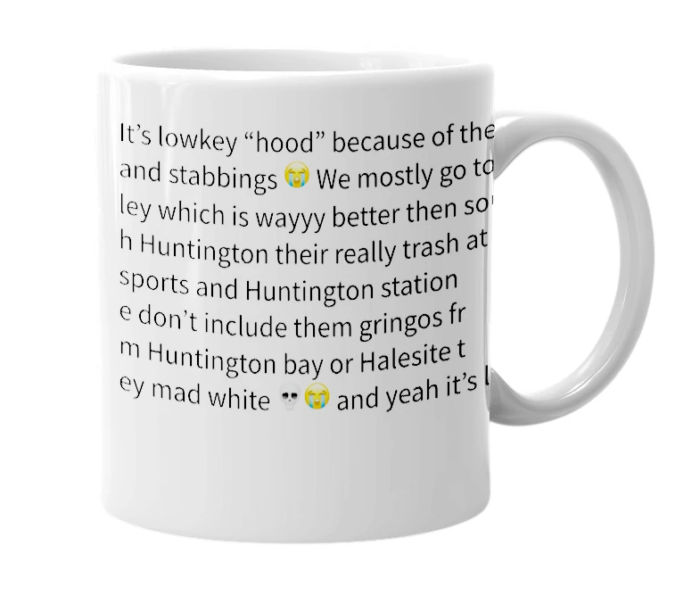 White mug with the definition of 'Huntington station'