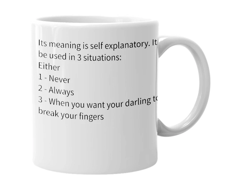 White mug with the definition of 'Break My Fingers, Darling'