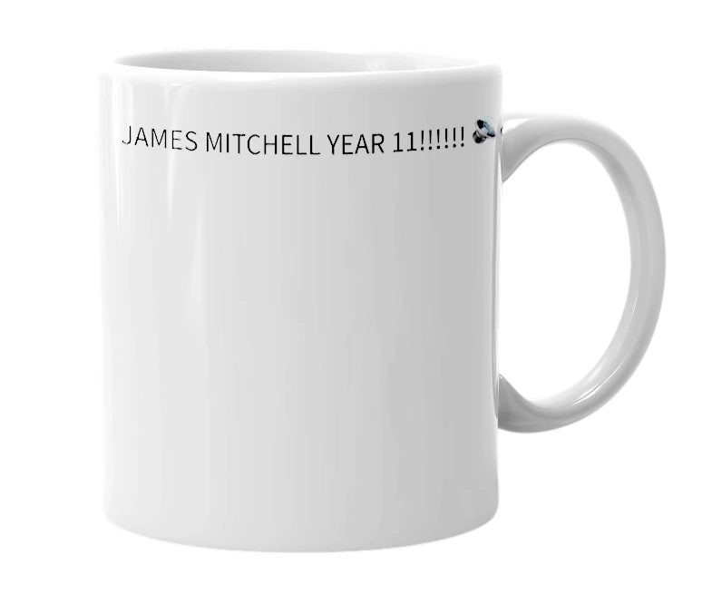 White mug with the definition of 'James Mitchell'