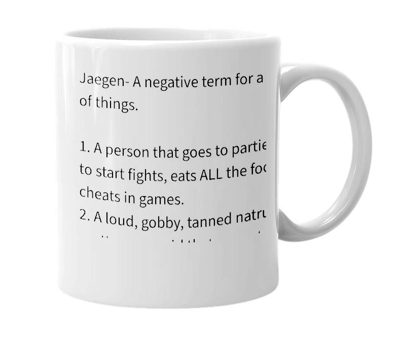 White mug with the definition of 'Jaegen'