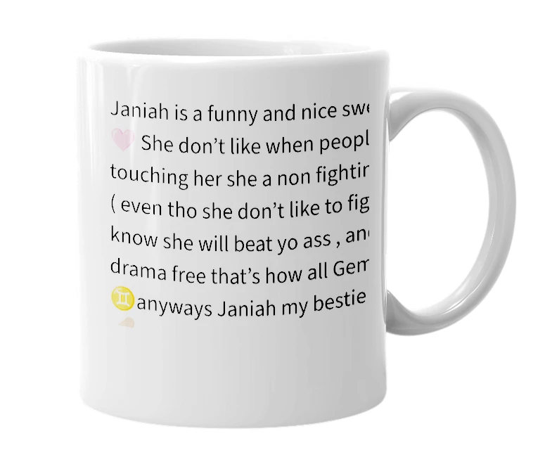 White mug with the definition of 'Janiah'