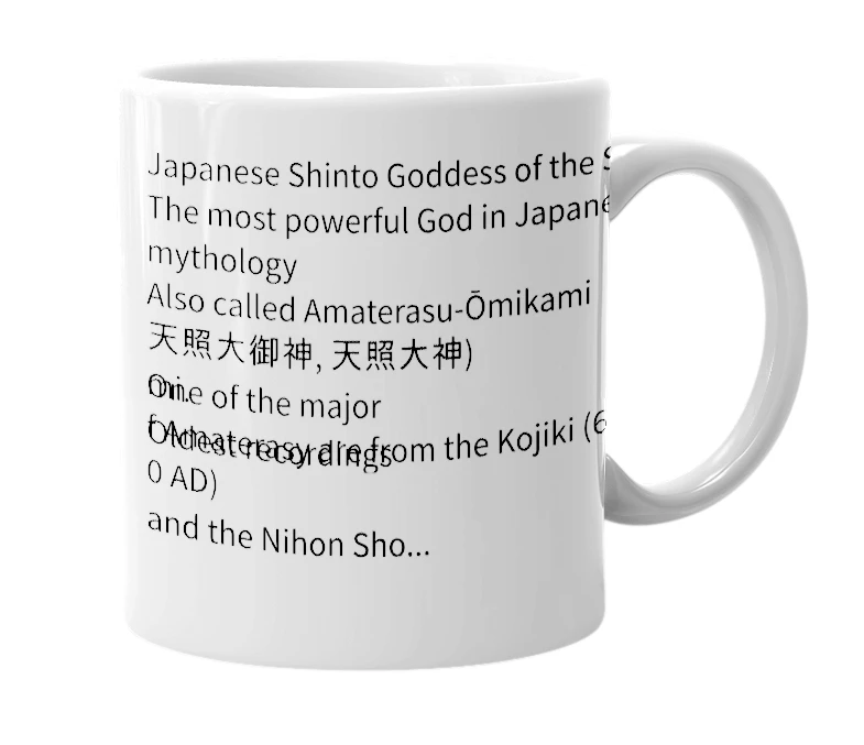 White mug with the definition of 'Amaterasu'