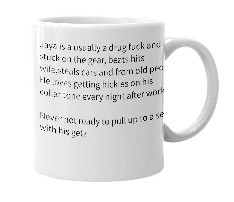 White mug with the definition of 'jaya'