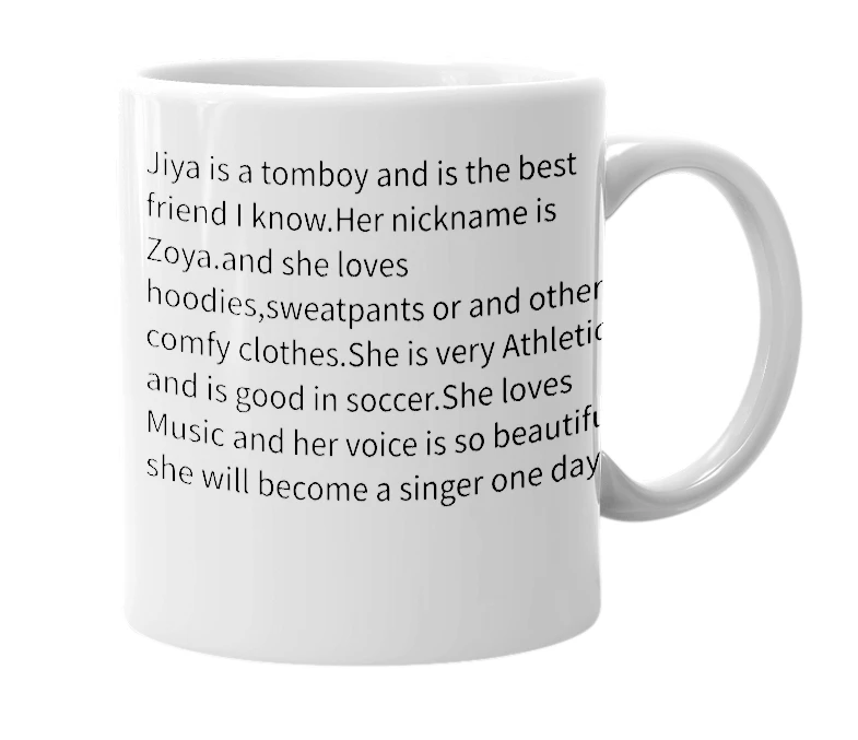 White mug with the definition of 'Jiya'