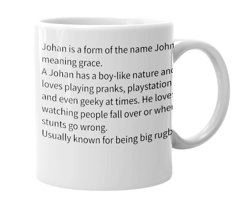 White mug with the definition of 'Johan'