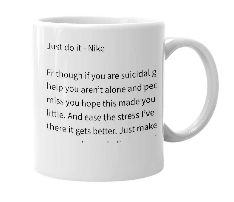 White mug with the definition of 'Suicide'