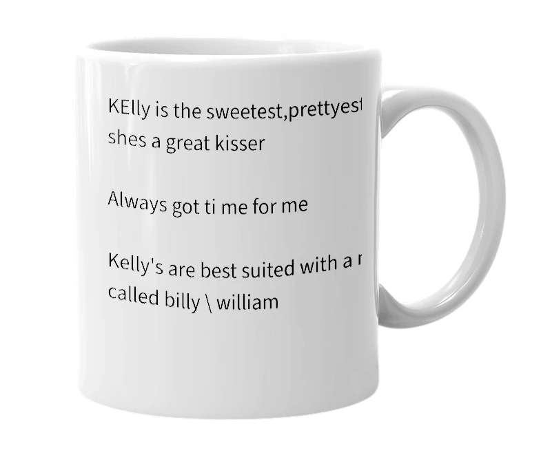 White mug with the definition of 'Kelly'