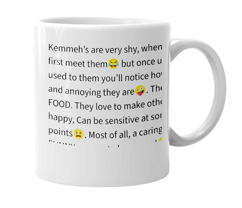 White mug with the definition of 'Kemmeh'