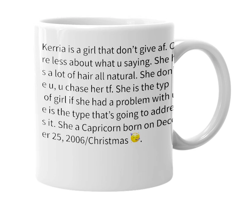 White mug with the definition of 'Kerria'