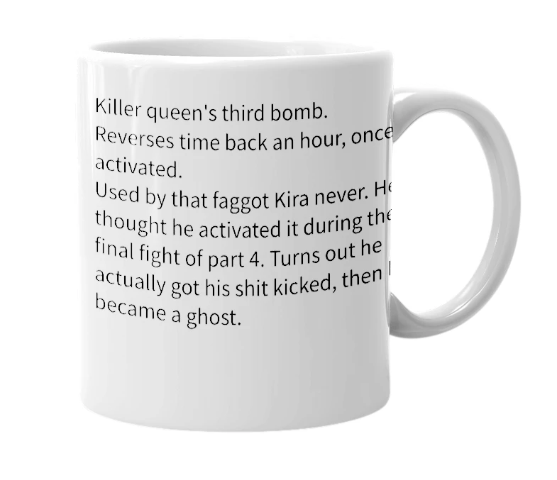 White mug with the definition of 'Bites the dust'