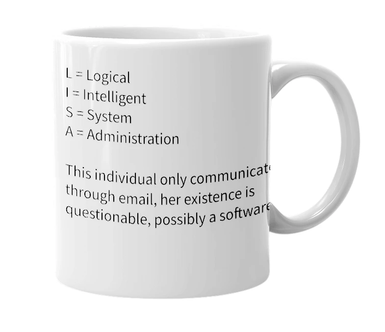 White mug with the definition of 'L.I.S.A.'