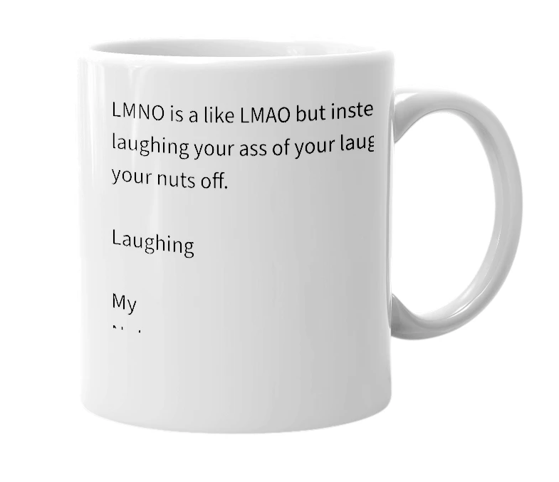 White mug with the definition of 'LMNO'