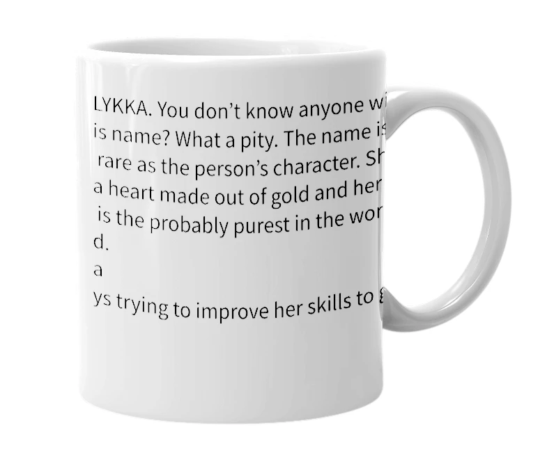 White mug with the definition of 'LYKKA'