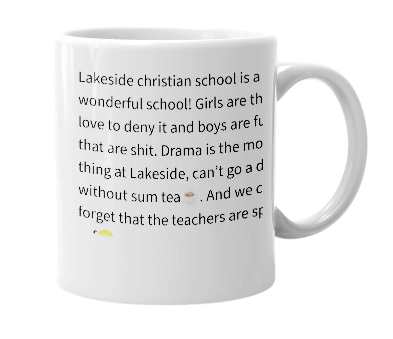 White mug with the definition of 'lakeside christian school'